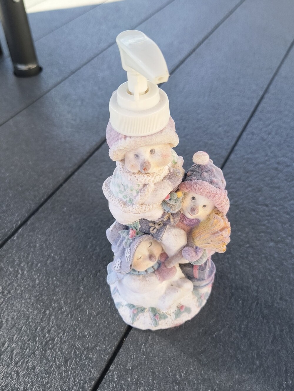 Vintage Velvet Pastel Snowman Family Of 3 Resin Soap Lotion Dispenser Pump Xmas